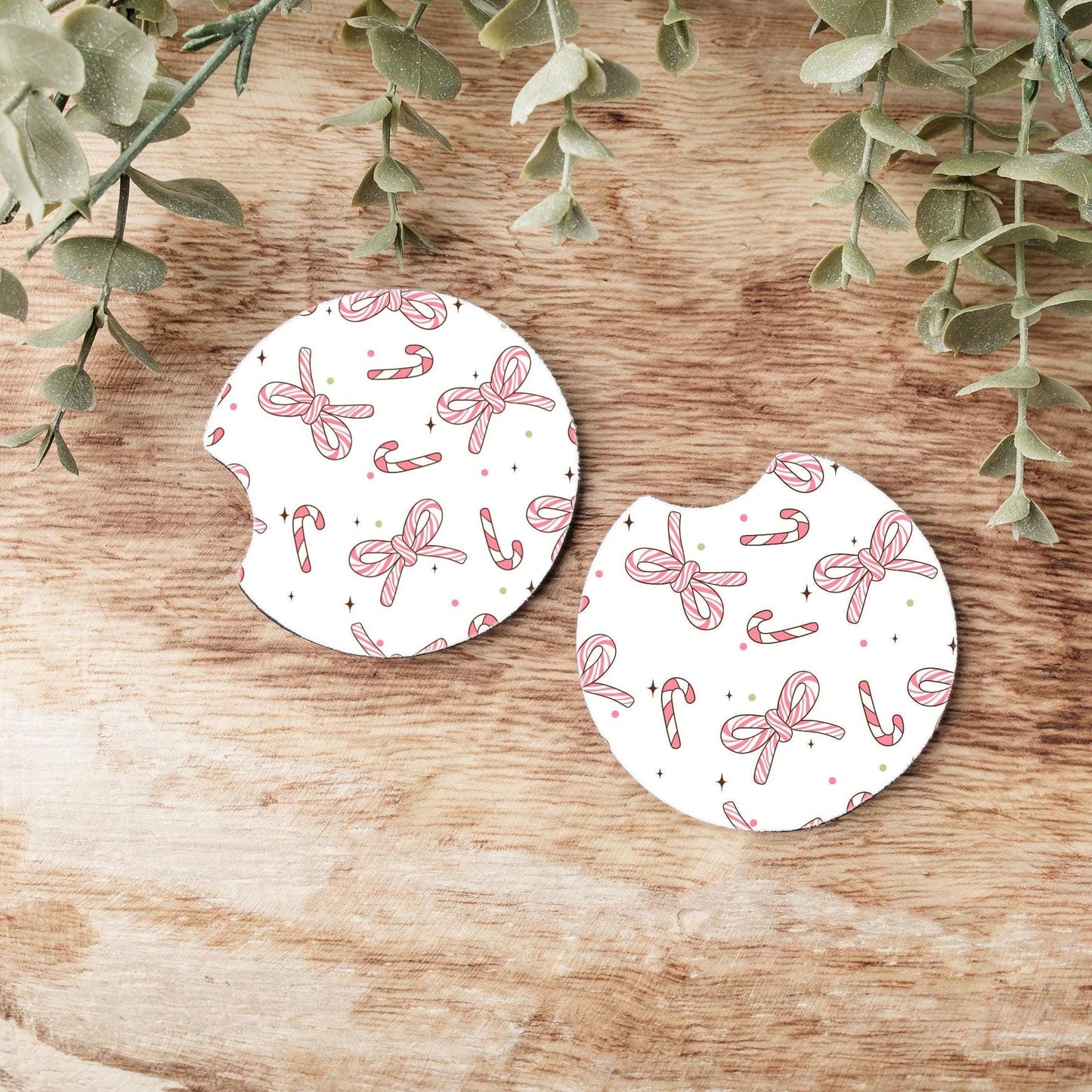 Candy Cane Christmas Bows Car Coasters: Neoprene Auto Accessories