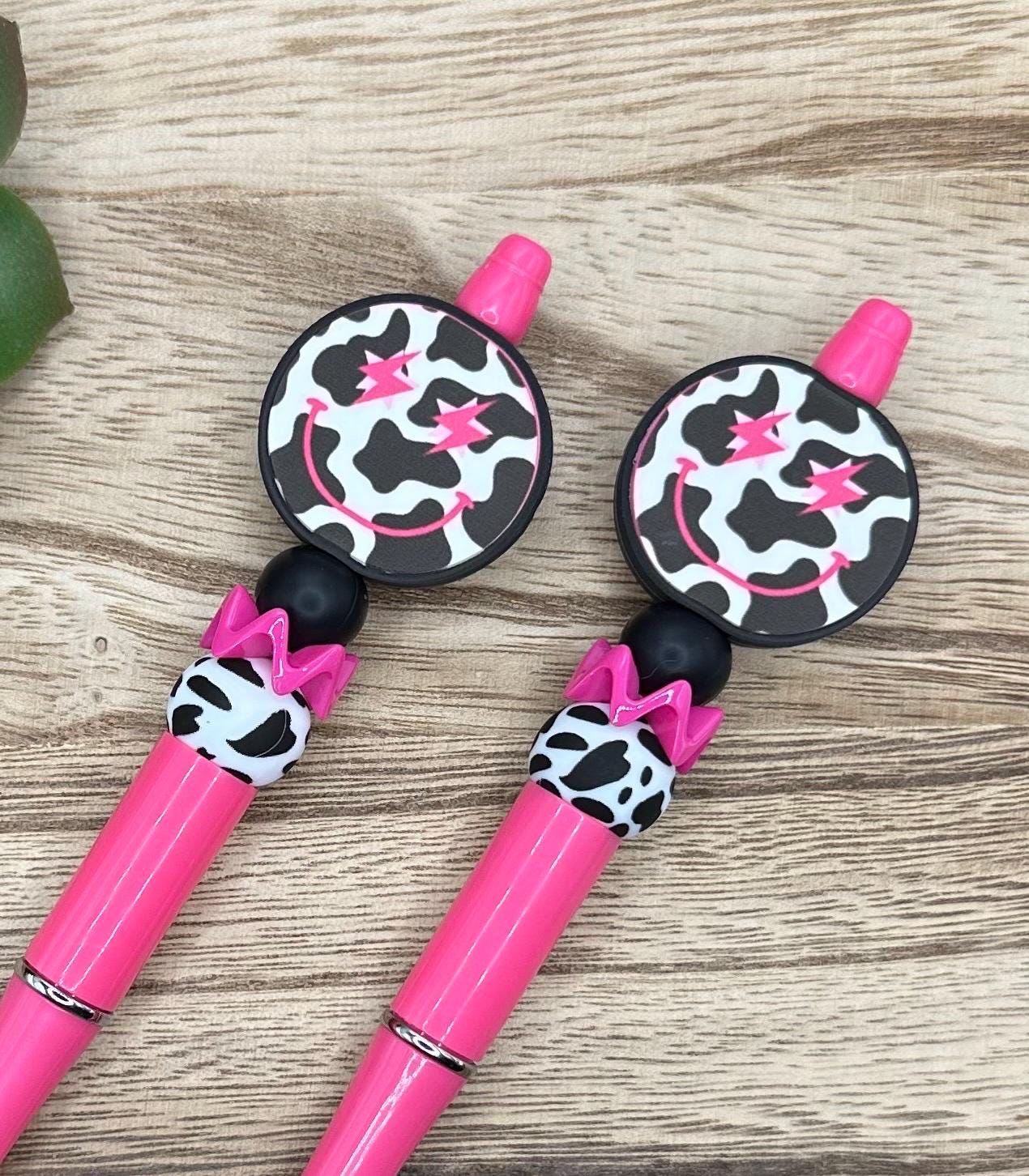 Cow Print Smiley Face Beaded Pen