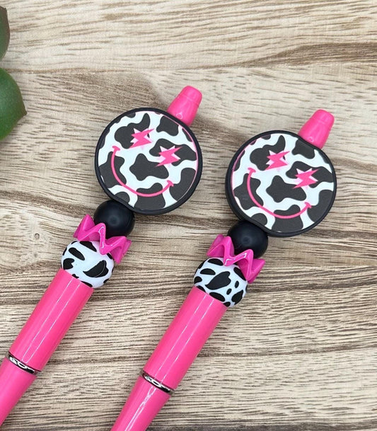 Cow Print Smiley Face Beaded Pen