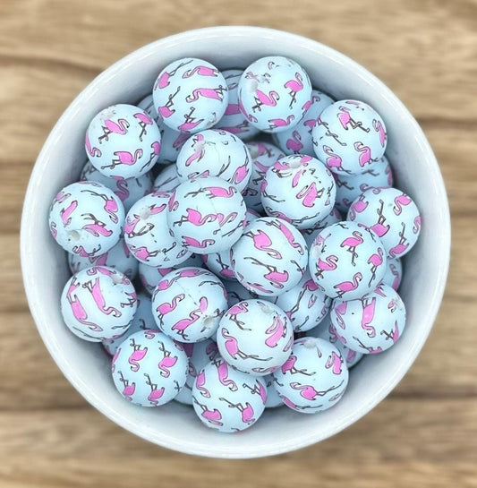 Flamingo Print 15mm Round Silicone Beads *discontinuing*