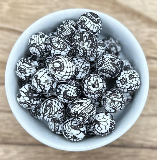 Black Lace 15mm Round Printed Silicone Beads