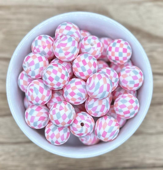 Pinky Checkered 15mm Round Printed Silicone Beads