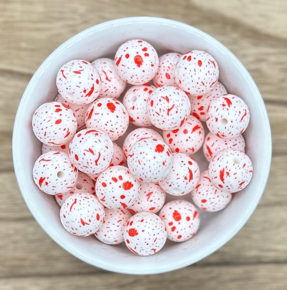 Red Spatter Splat Round Printed Silicone Beads