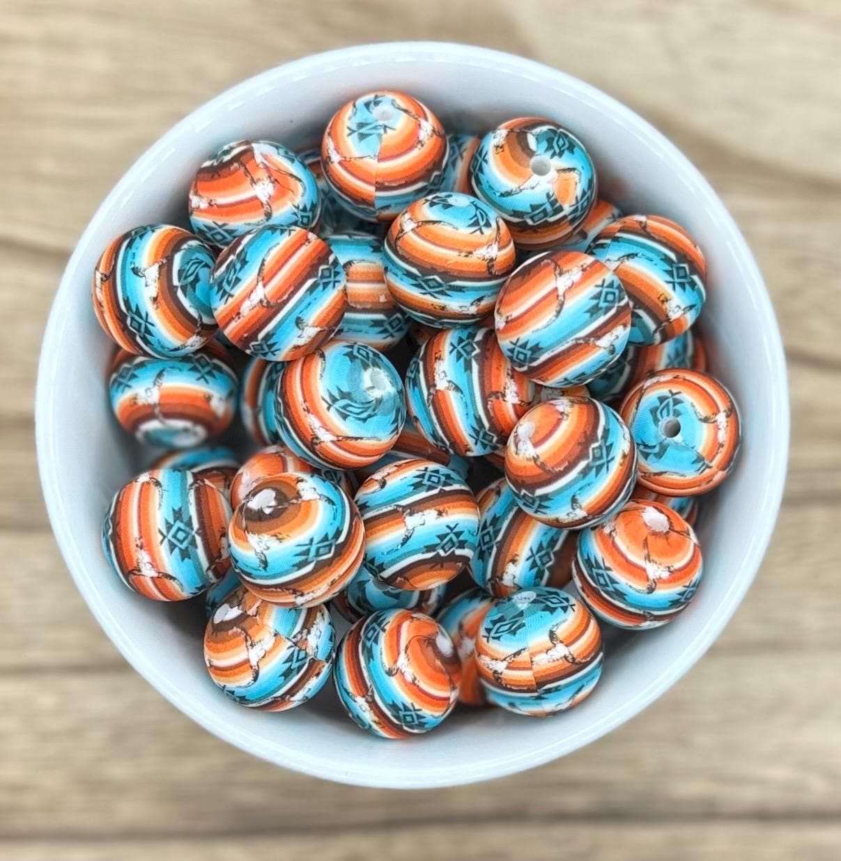 Serape Bull Skull Western Print 15mm Round Printed Silicone Beads **discontinuing**