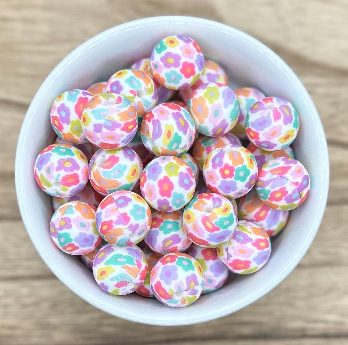 Bright Mixed Floral 15mm Round Printed Silicone Beads
