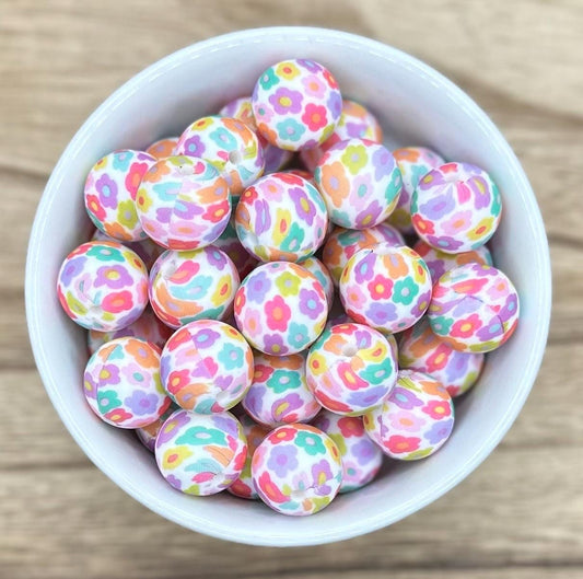 Bright Mixed Floral 15mm Round Printed Silicone Beads