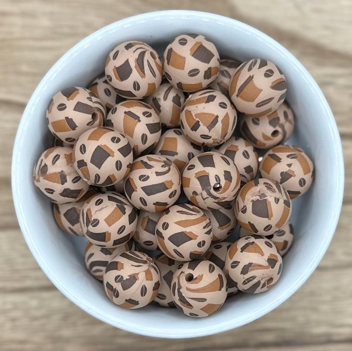 Coffee Cafe Print 15mm Round Silicone Beads