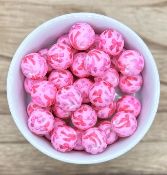 Coquette Bows Pink Print 15mm Round Silicone Beads