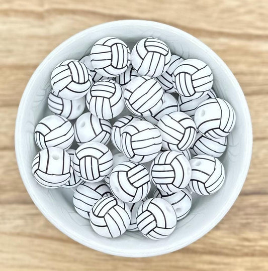 Volleyball 15mm Round Printed Silicone Beads