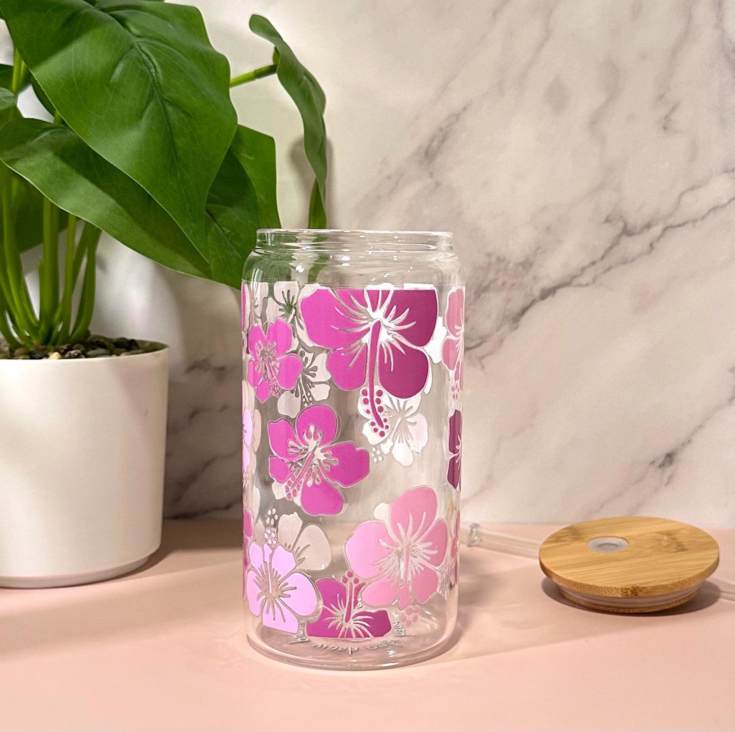 Hibiscus Purple Floral • Glass Can Cup 16oz