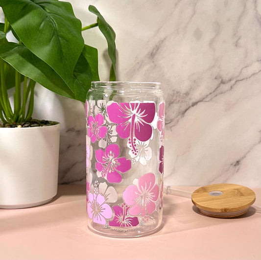 Hibiscus Purple Floral • Glass Can Cup 16oz