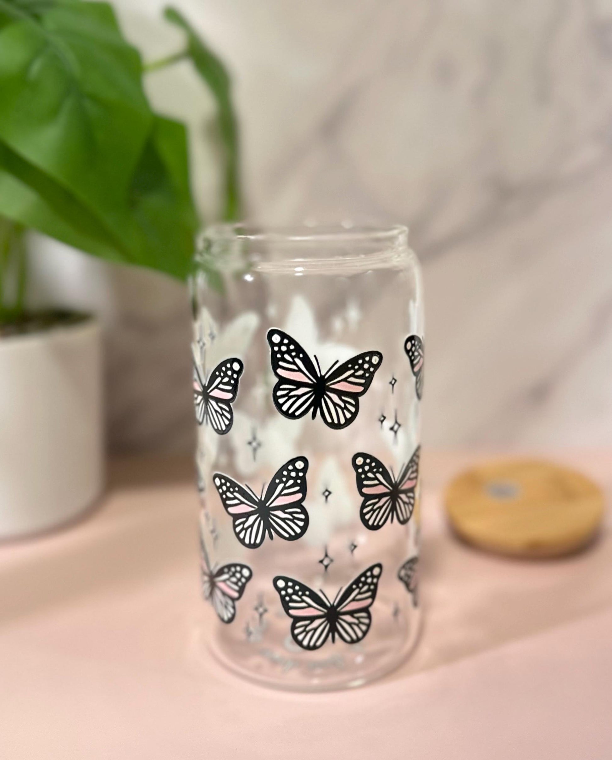 Light Pink Butterfly • Glass Can Cup 16oz