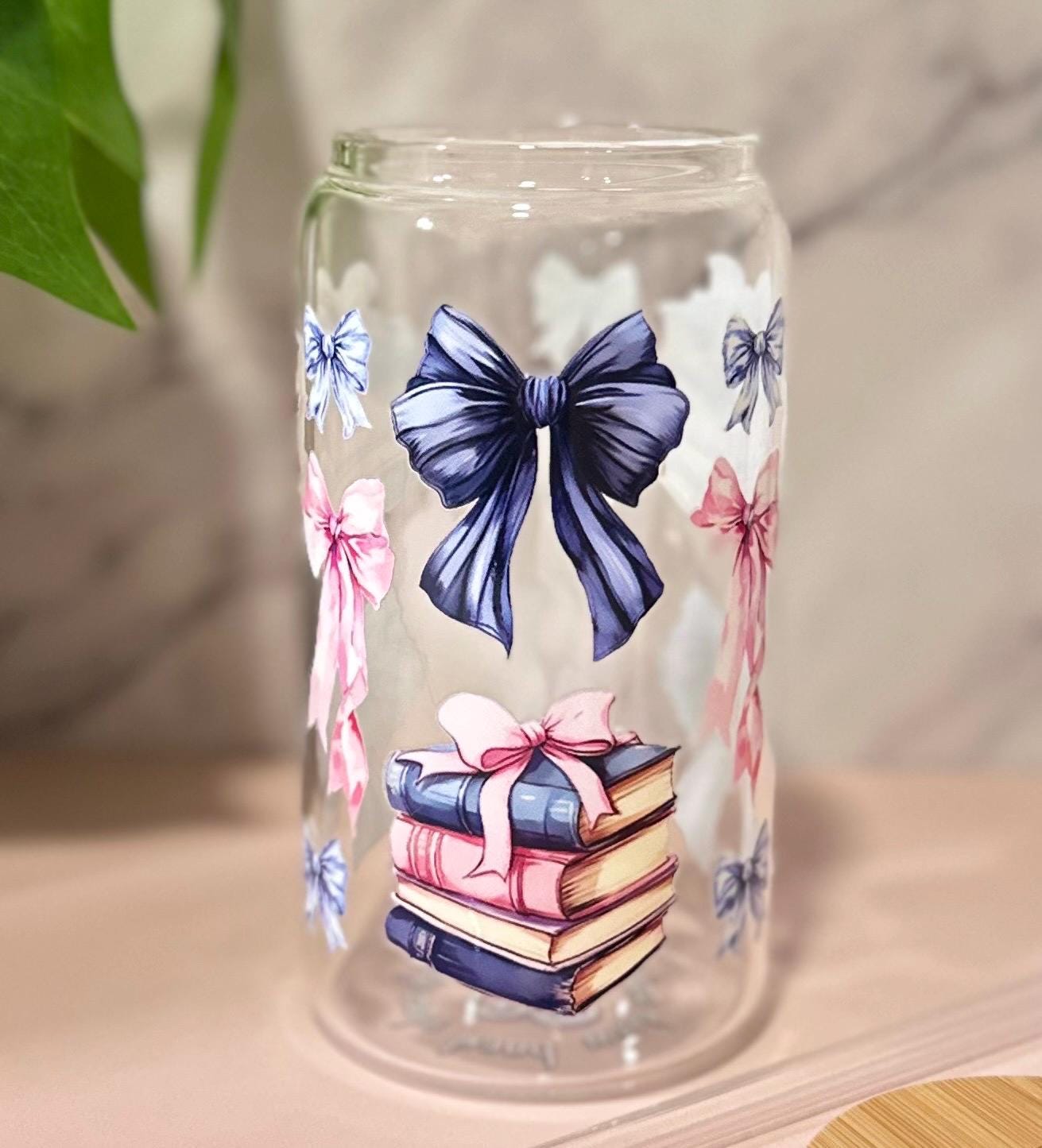 Books and Bows • Glass Can Cup 16oz
