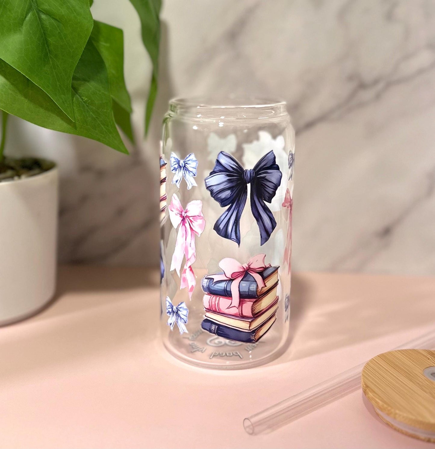 Books and Bows • Glass Can Cup 16oz