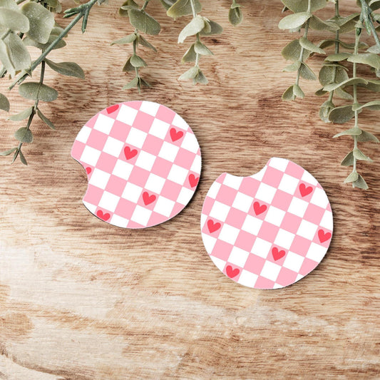 Checkered Love Car Coasters, Neoprene Car Coasters
