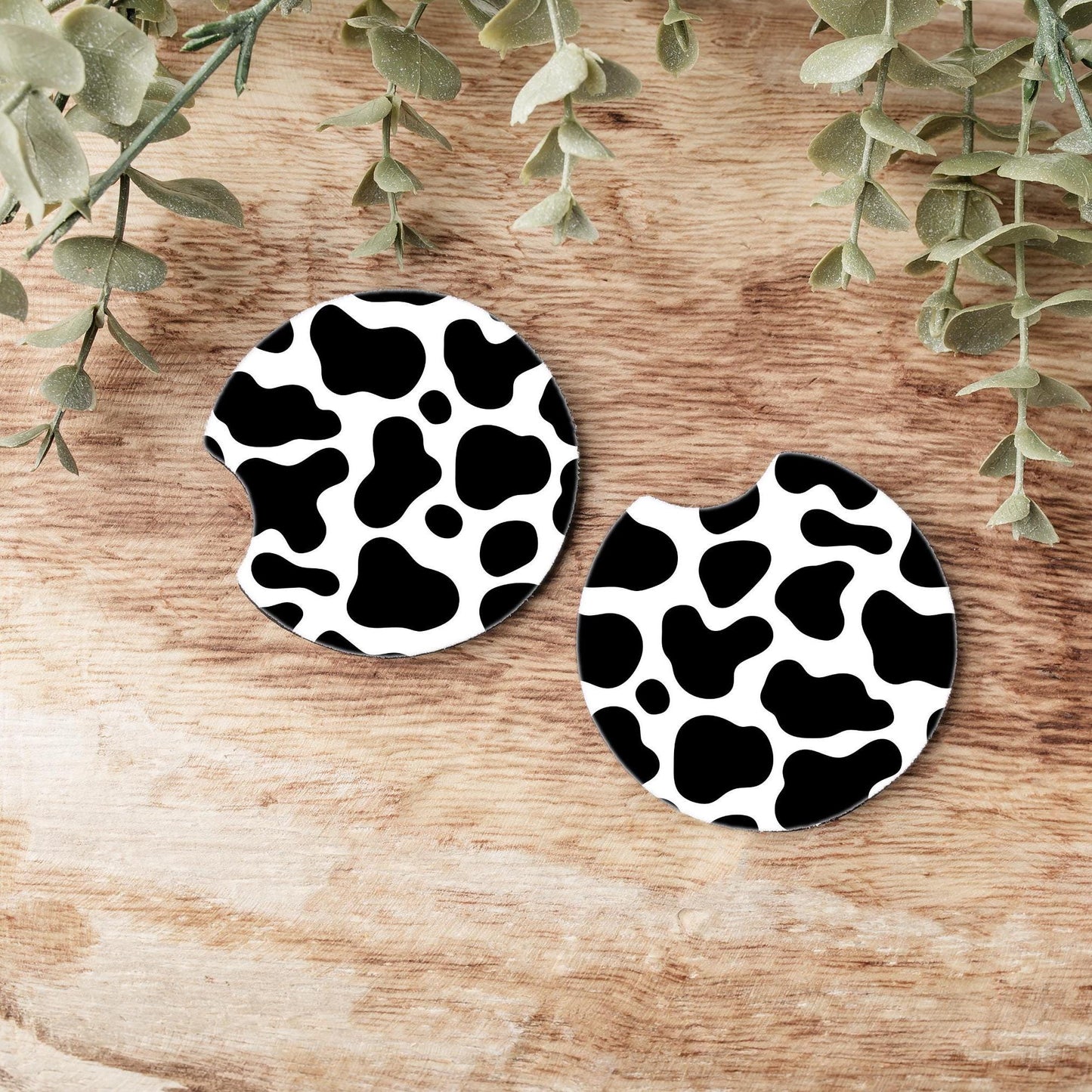 Black or Brown Cow Print Car Coasters: Neoprene Cup Holder Coasters