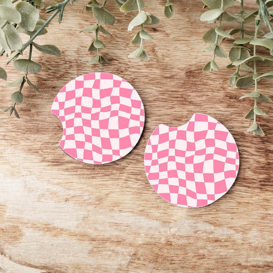 Wavy Pink Checkered Car Coasters, Neoprene Car Coasters