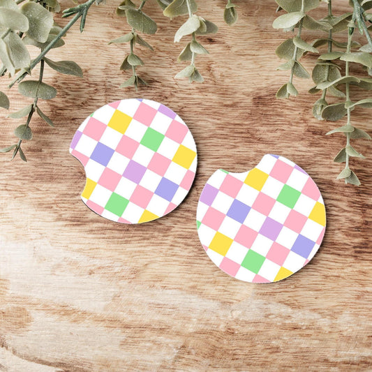 Pastel Checkered Car Coasters: Neoprene Auto Accessories