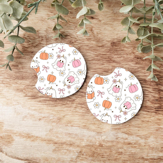 Fall Ghost Pumpkin Car Coasters: Neoprene Auto Accessories