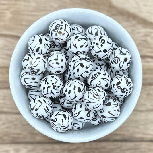 Music Notes Print 15mm Round Silicone Beads