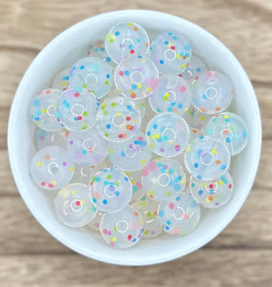 Clear Confetti 15mm Round Printed Silicone Beads
