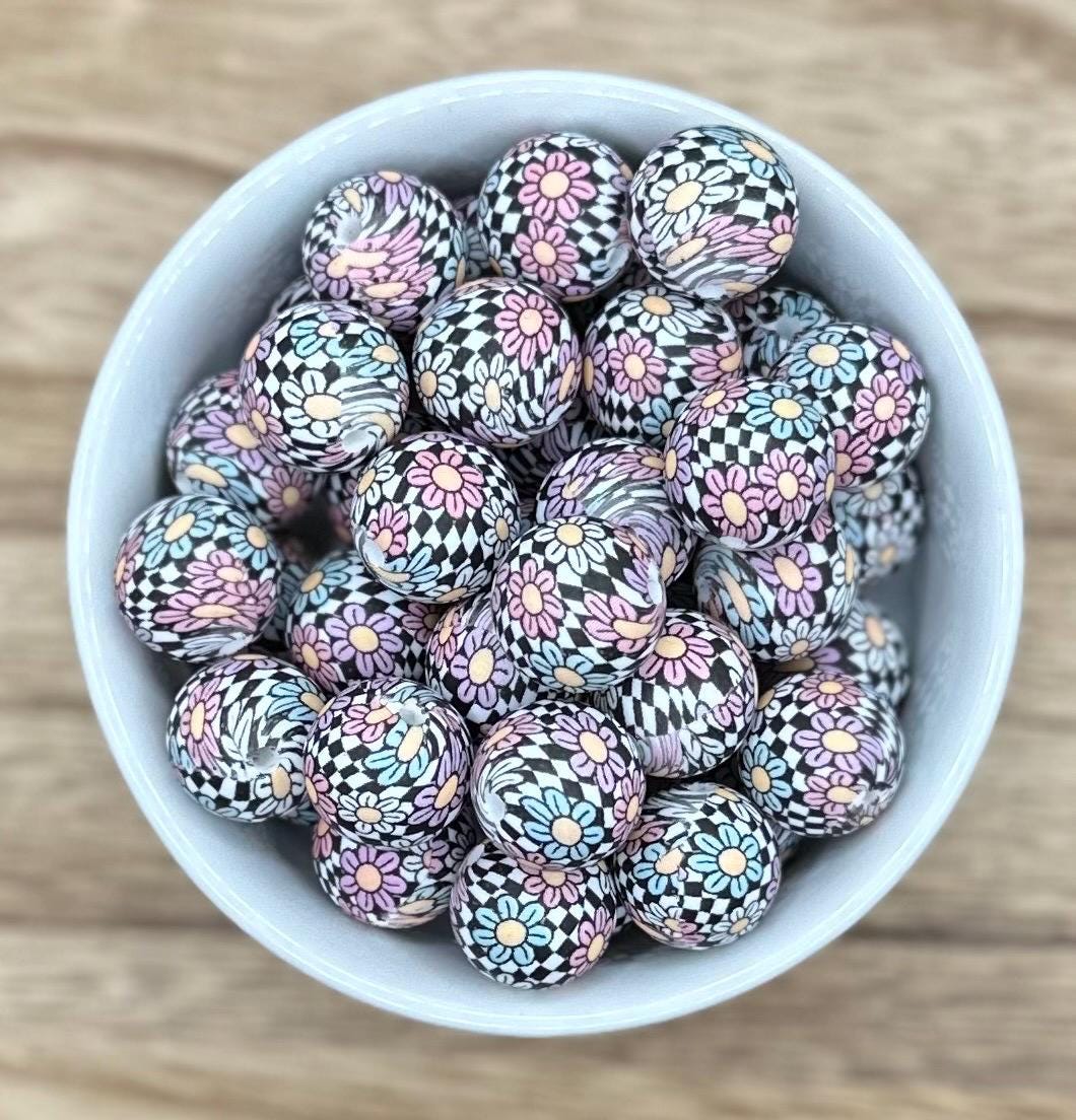 Checkered Floral 15mm Round Printed Silicone Beads