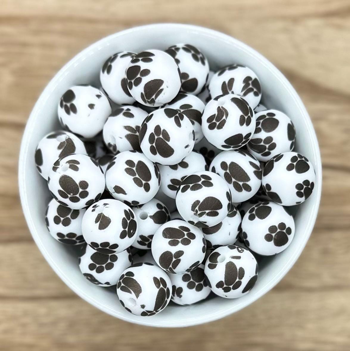 Paw Prints 15mm Round Printed Silicone Beads