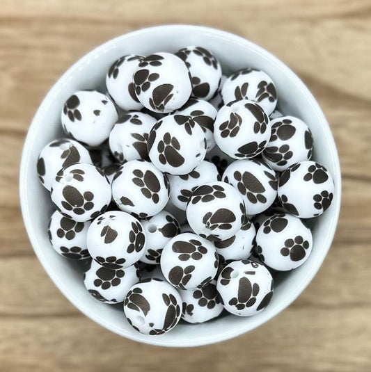 Paw Prints 15mm Round Printed Silicone Beads