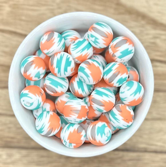 Aztec Mint and Orange 15mm Round Printed Silicone Beads