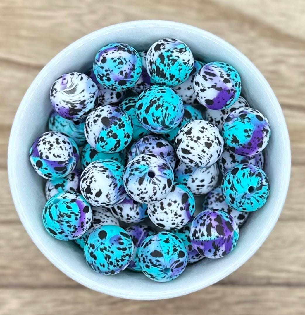 White Teal Purple Splatter Print 15mm Round Printed Silicone Beads
