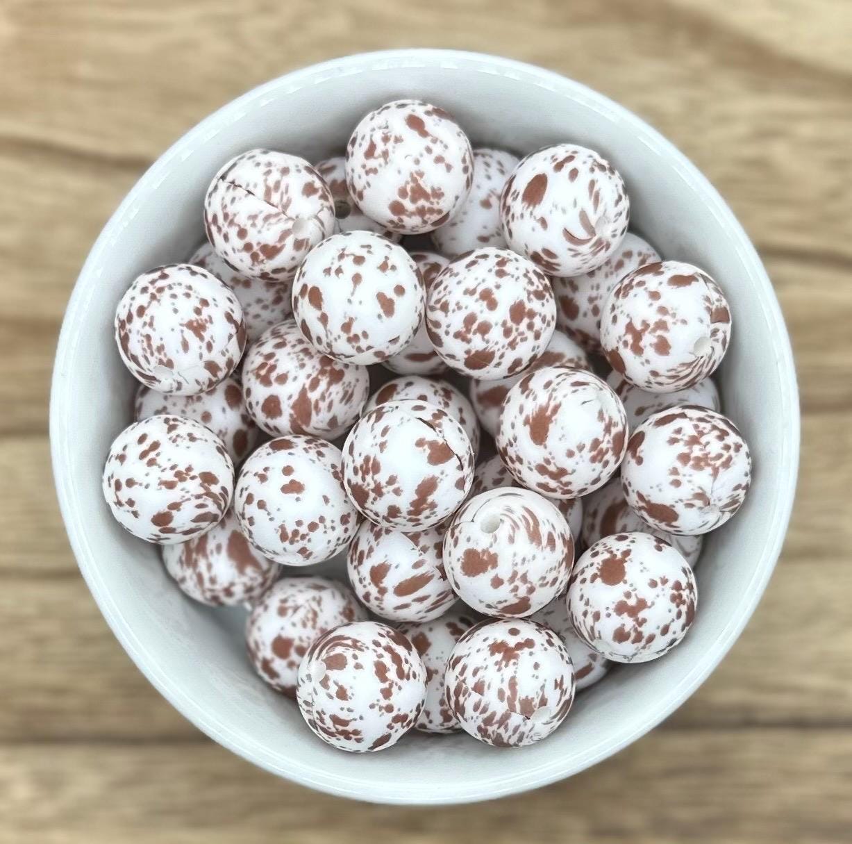 Brown Cow Spatter 15mm Round Printed Silicone Beads