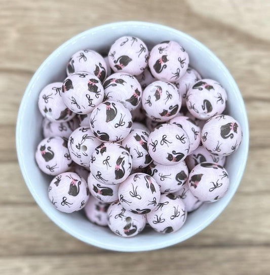 Black Cats and Pink Bows 15mm Round Printed Silicone Beads