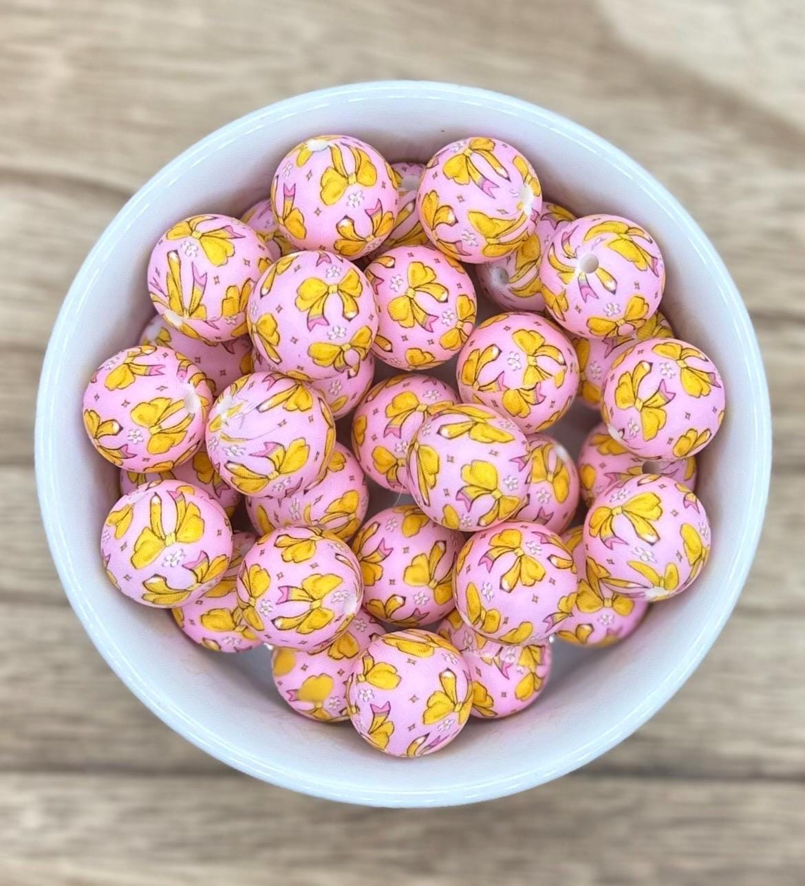Pencil Bows Pink Print 15mm Round Silicone Beads **discontinuing**
