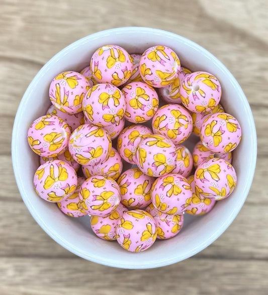 Pencil Bows Pink Print 15mm Round Silicone Beads **discontinuing**
