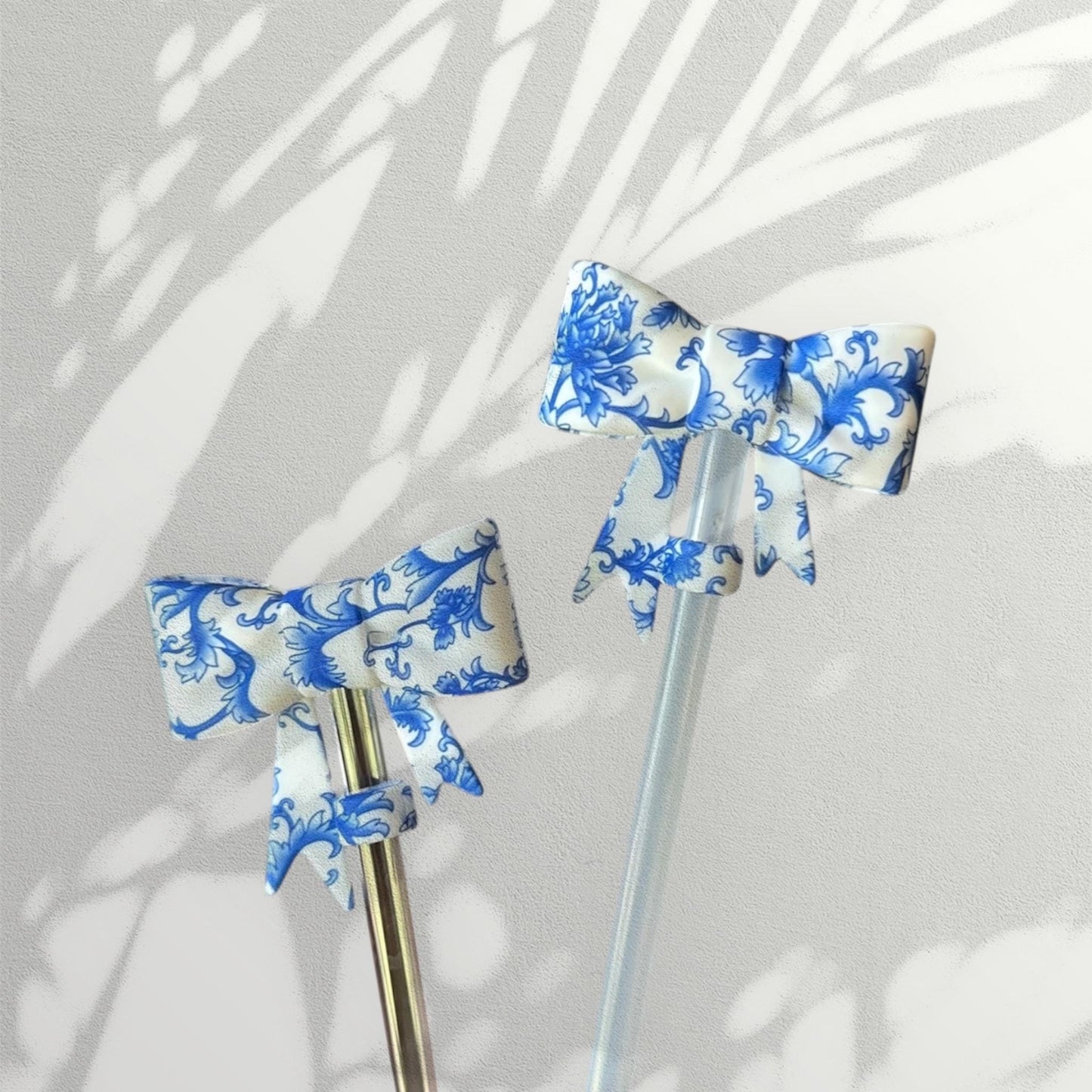 Blue Heirloom Antique Print Silicone Bow Straw Topper | Cute Tumbler Accessory | Reusable Dust Cover for Cups & Straws