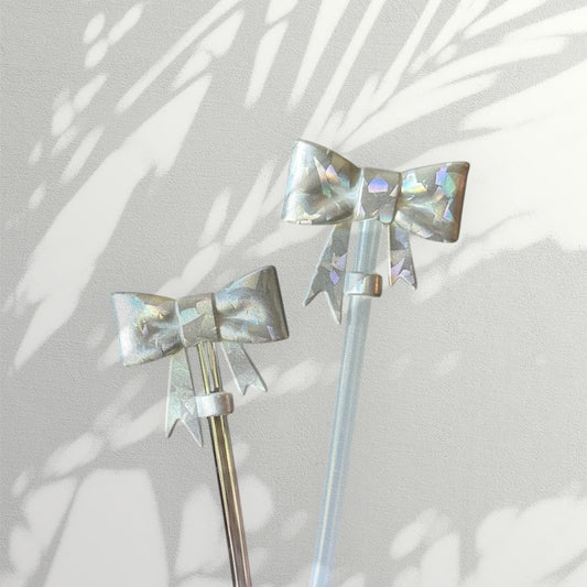 Silver Holographic Silicone Bow Straw Topper | Cute Tumbler Accessory | Reusable Dust Cover for Cups & Straws