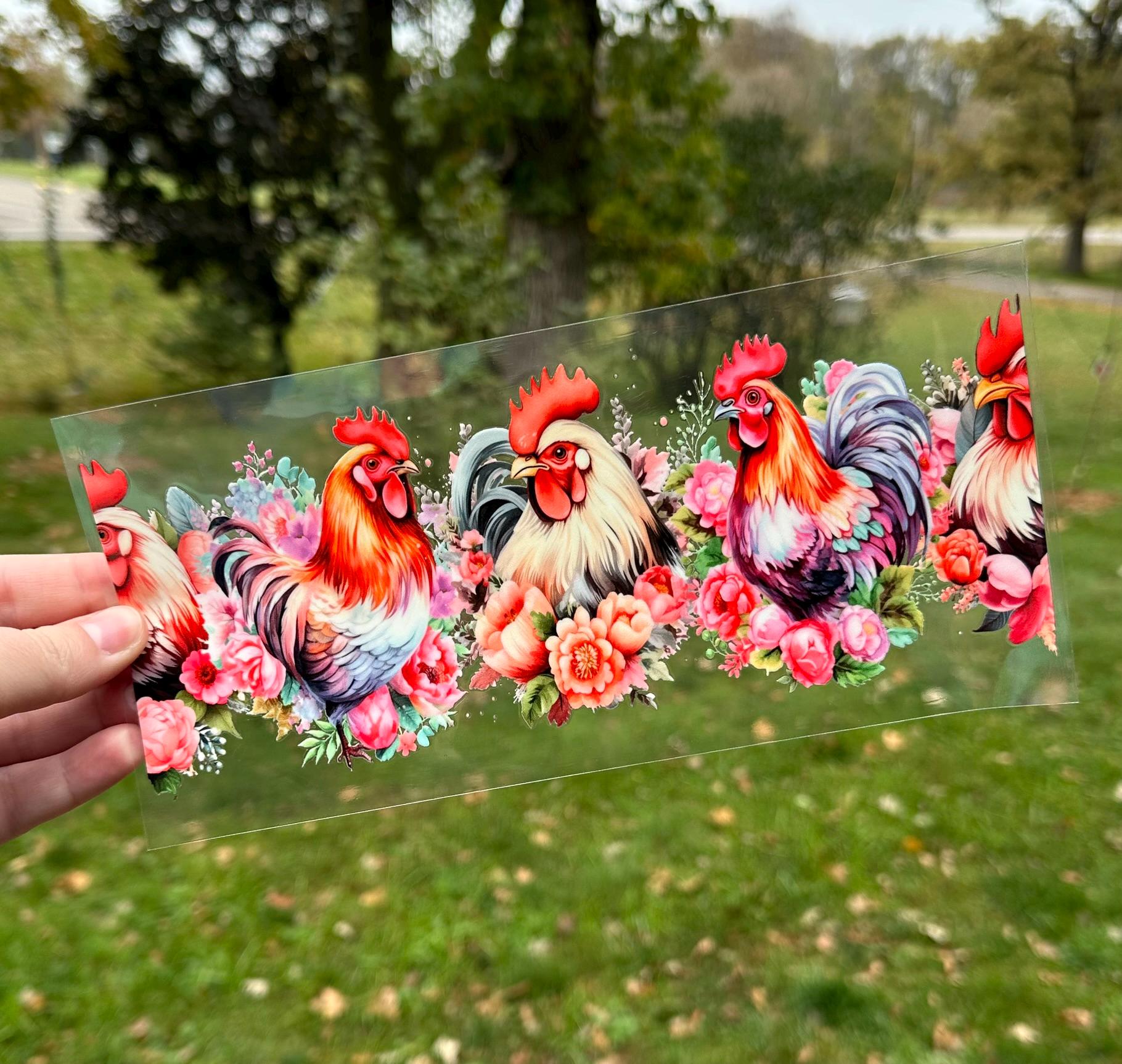 Rooster Chickens and Floral | UV DTF Can Cup Wrap | Ready to Apply