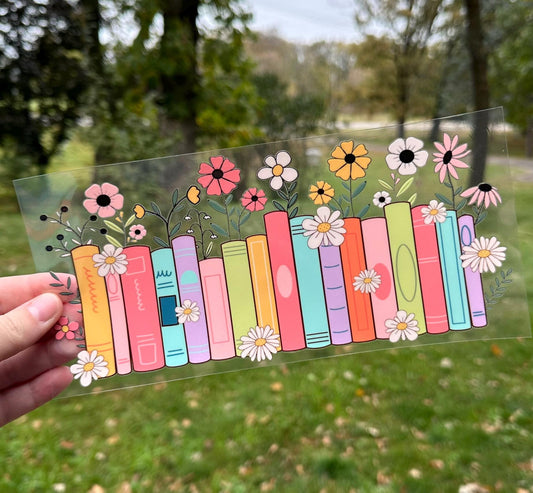 Bookstack and Flowers | UV DTF Can Cup Wrap | Ready to Apply