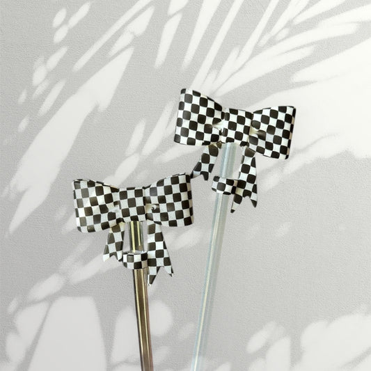 Black and White Checkered Silicone Bow Straw Topper | Cute Tumbler Accessory | Reusable Dust Cover for Cups & Straws