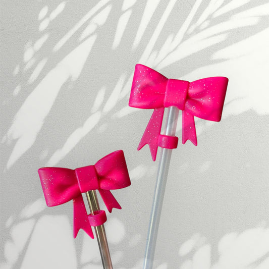 Pink Glitter Silicone Bow Straw Topper | Cute Tumbler Accessory | Reusable Dust Cover for Cups & Straws