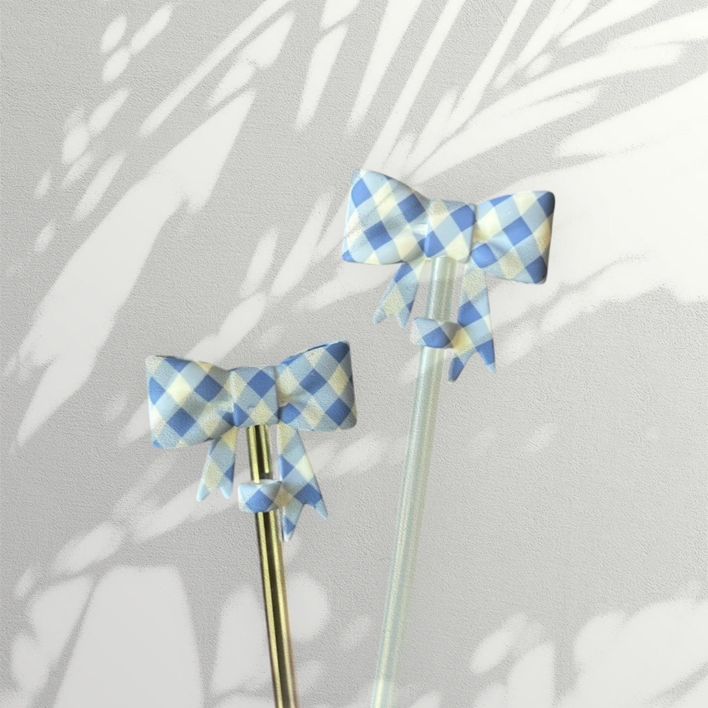 Blue Gingham Silicone Bow Straw Topper | Cute Tumbler Accessory | Reusable Dust Cover for Cups & Straws