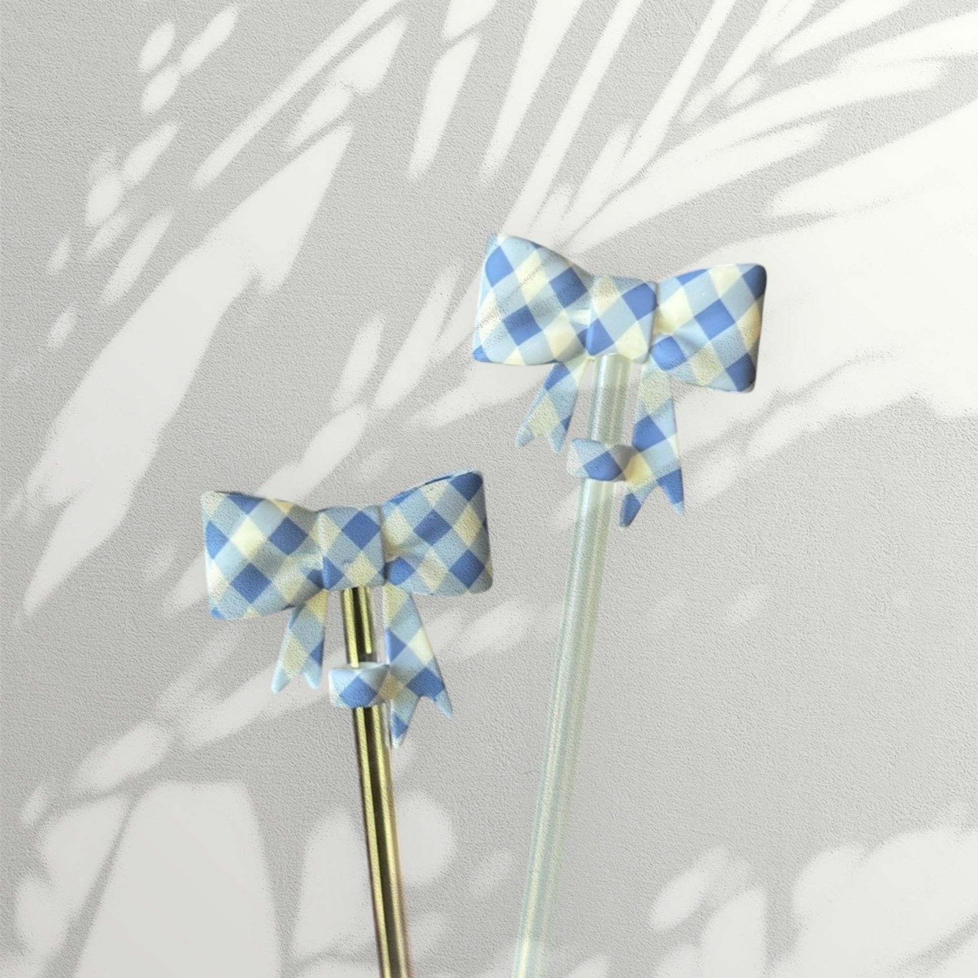 Blue Gingham Silicone Bow Straw Topper | Cute Tumbler Accessory | Reusable Dust Cover for Cups & Straws