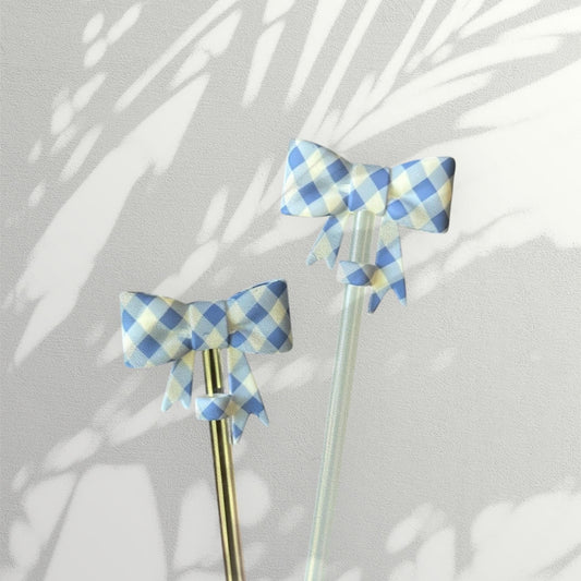 Blue Gingham Silicone Bow Straw Topper | Cute Tumbler Accessory | Reusable Dust Cover for Cups & Straws