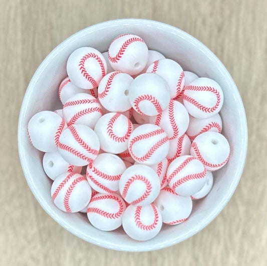 Baseball 15mm Round Printed Silicone Beads