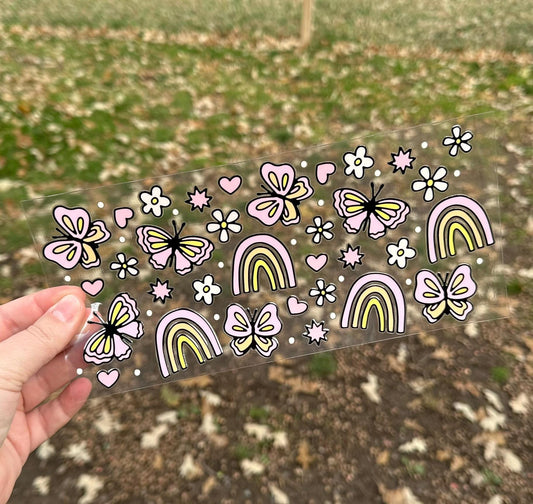 Pink Rainbows and Butterflies | UV DTF Can Cup Wrap - Ready to Apply