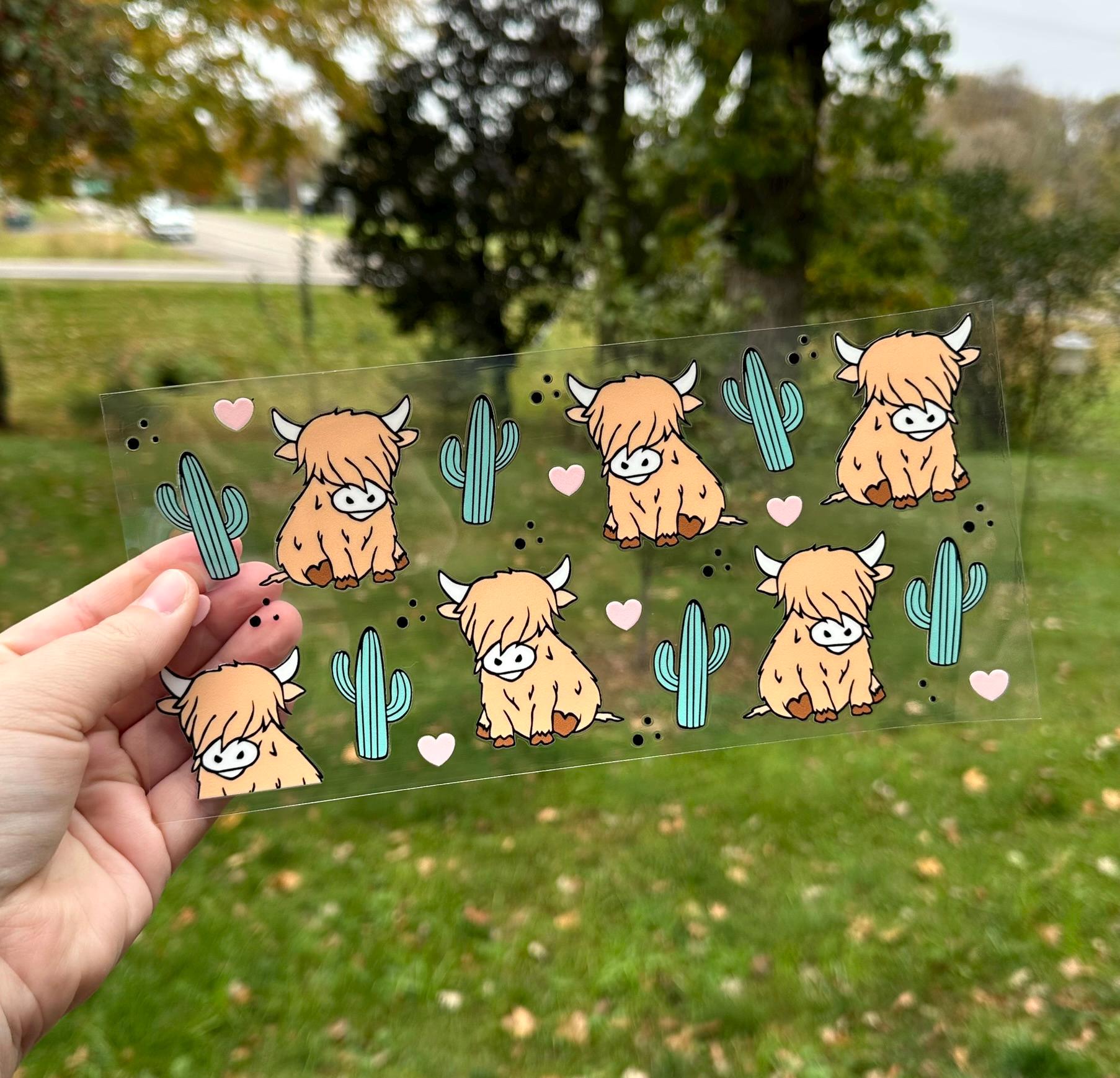 Highland Cow Cactus | UV DTF Can Cup Wrap | Ready to Apply