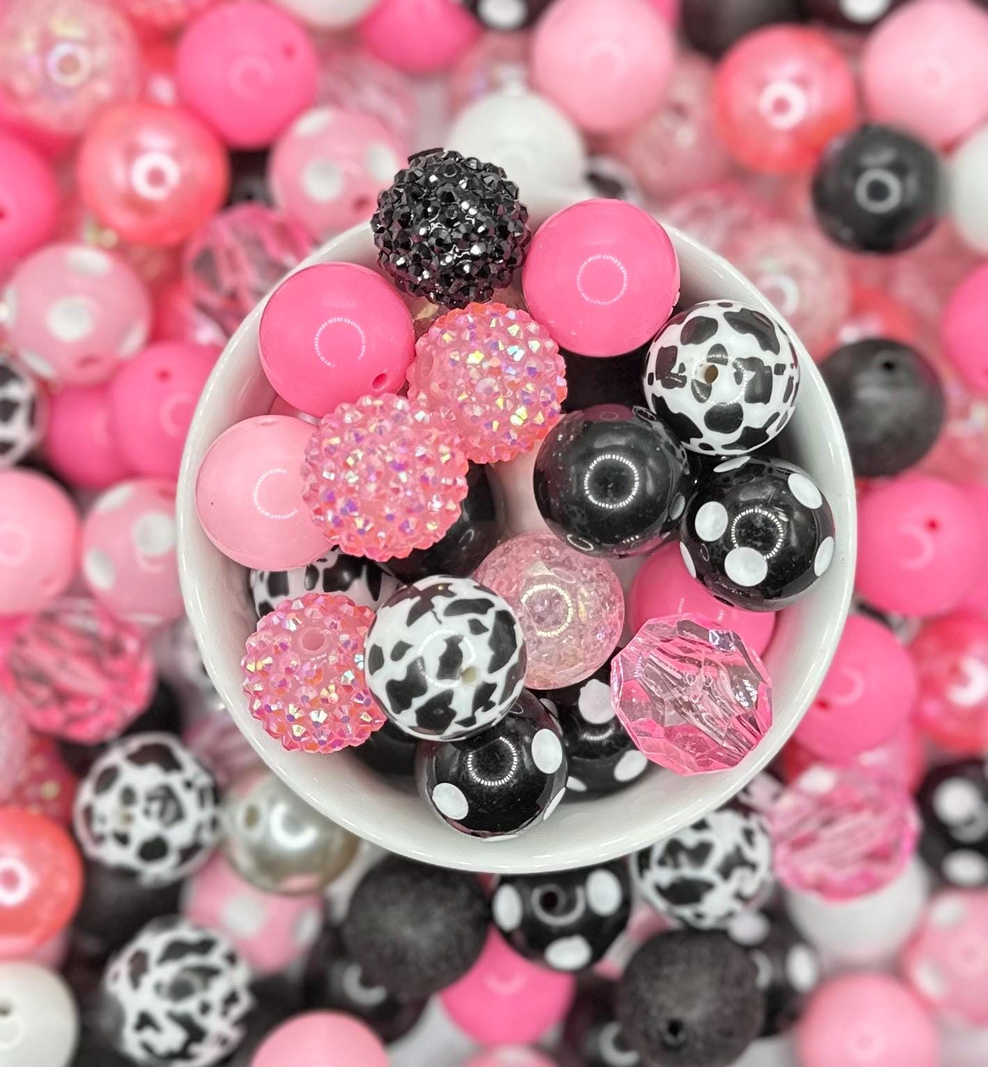 Cow Belle | Pink, White, Black, Cow Print | 20mm 10pcs Acrylic Bead Mix