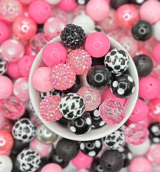 Cow Belle | Pink, White, Black, Cow Print | 20mm 10pcs Acrylic Bead Mix