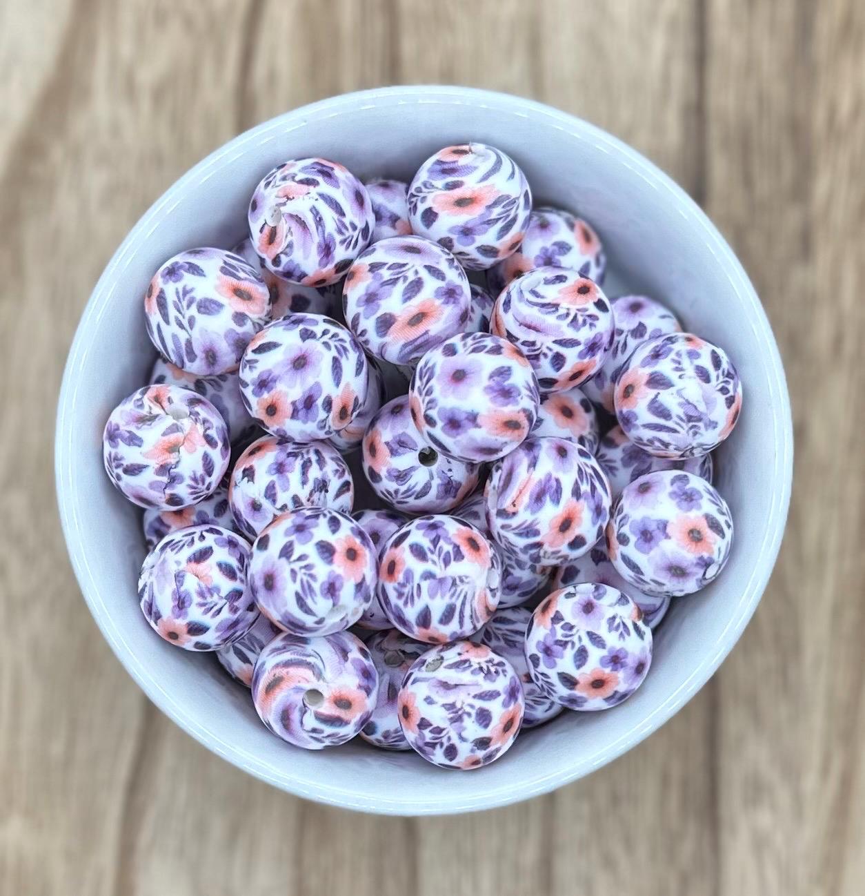 Purple Flowers Print | 15mm Round Silicone Beads