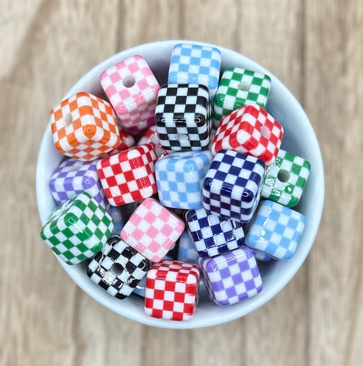 Checkered Square | 16mm 10pcs Round Printed Acrylic Beads